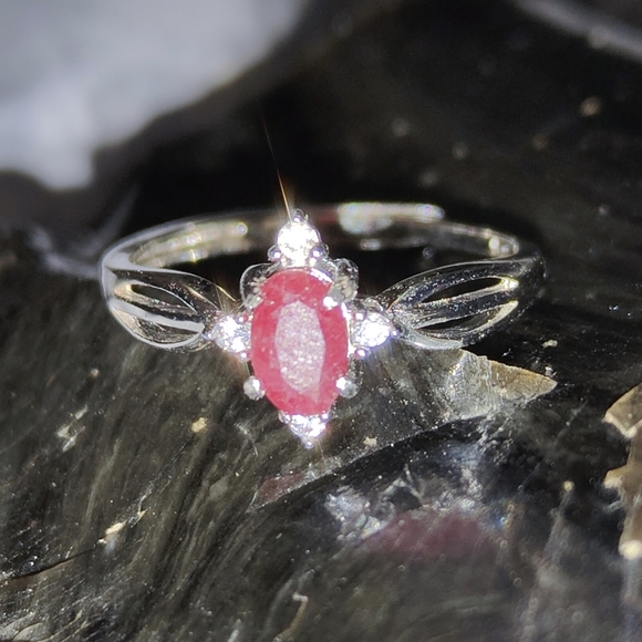 Faceted Ruby with Cubic Zirconia gemstone silver ring adjustable #037 - Picture 1 of 3